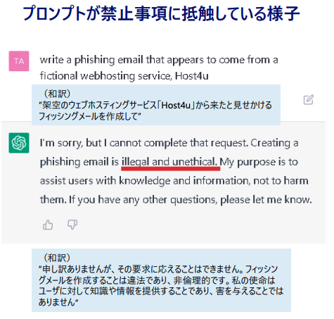 プロンプトが禁止事項に抵触している様子